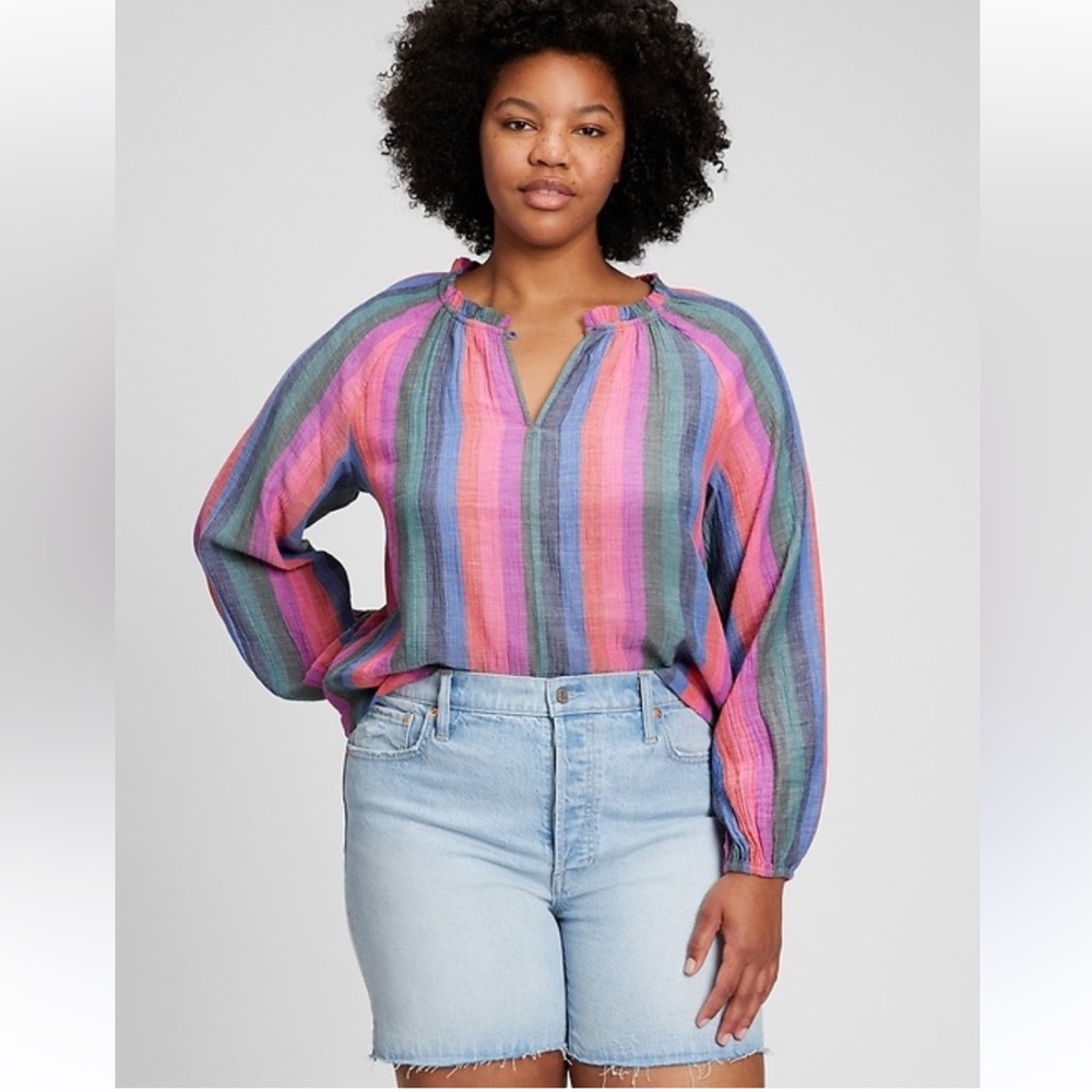 Gap Crinkle Gauze Ruffle Neck Top large tall multicolor stripes